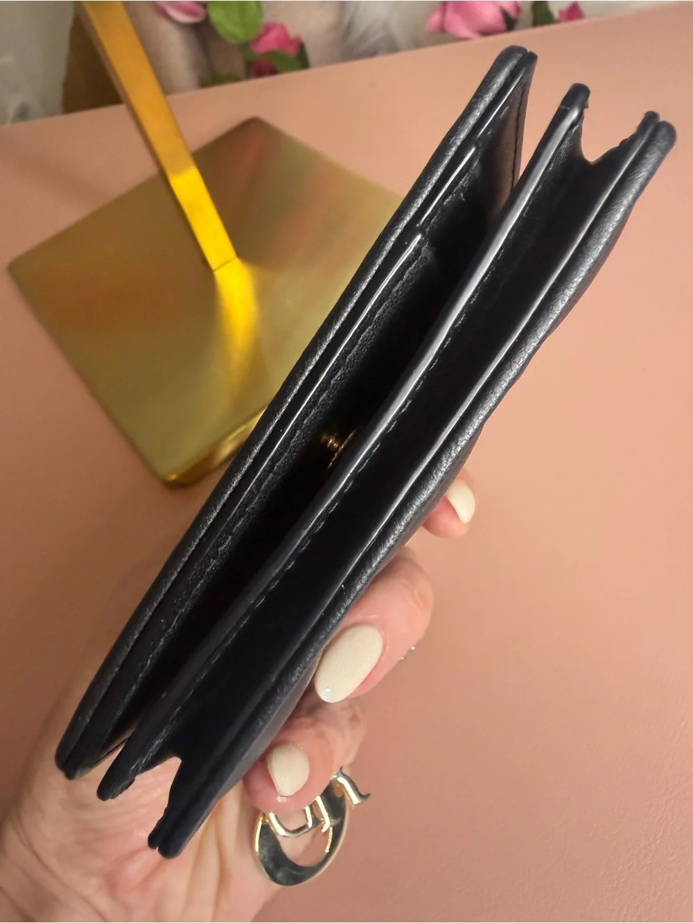 Christian Dior Cannage Lambskin Quilted Black Leather Mini Wallet w/Gold Charms